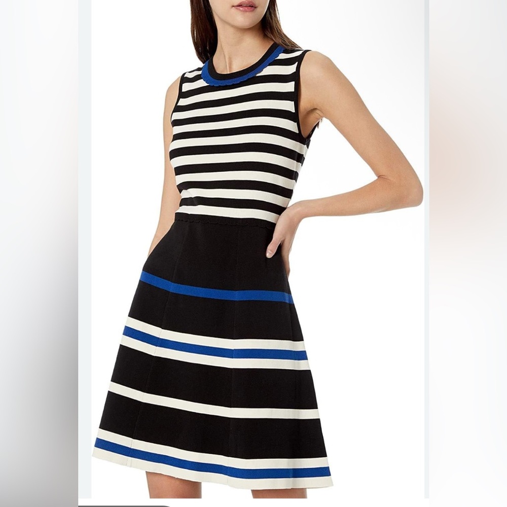 Anne Klein Black, White & Blue Striped Sleeveless Fit-and-Flare Dress